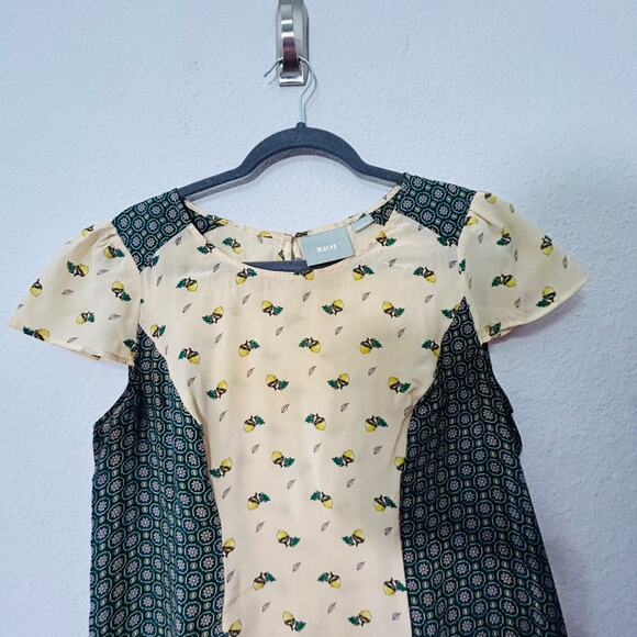 Anthropologie Maeve Fluttered Oak Silk Blouse Top Colorblock Ruffle Hem Sz 8 Md - Picture 9 of 12